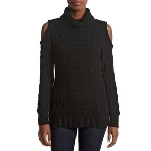 Ruff Hewn Turtleneck Cable Knit Cold Shoulder Black Sweater in Medium